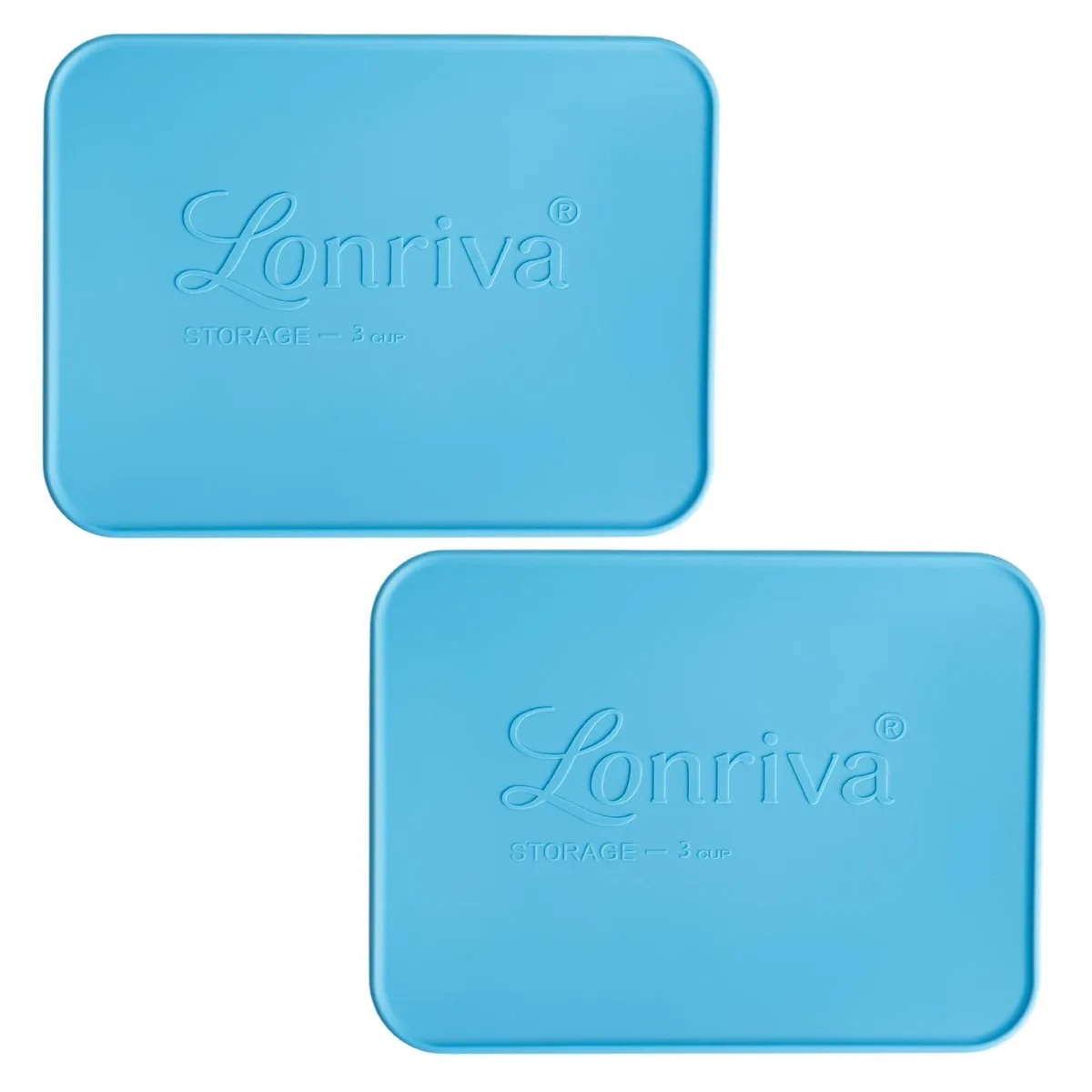 Two blue rectangular silicone lids, smooth matte finish, stacked together