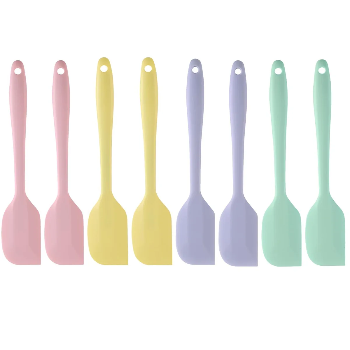 Eight mini silicone spatulas in pink, green, yellow, purple, 8.3 inches long with hanging holes