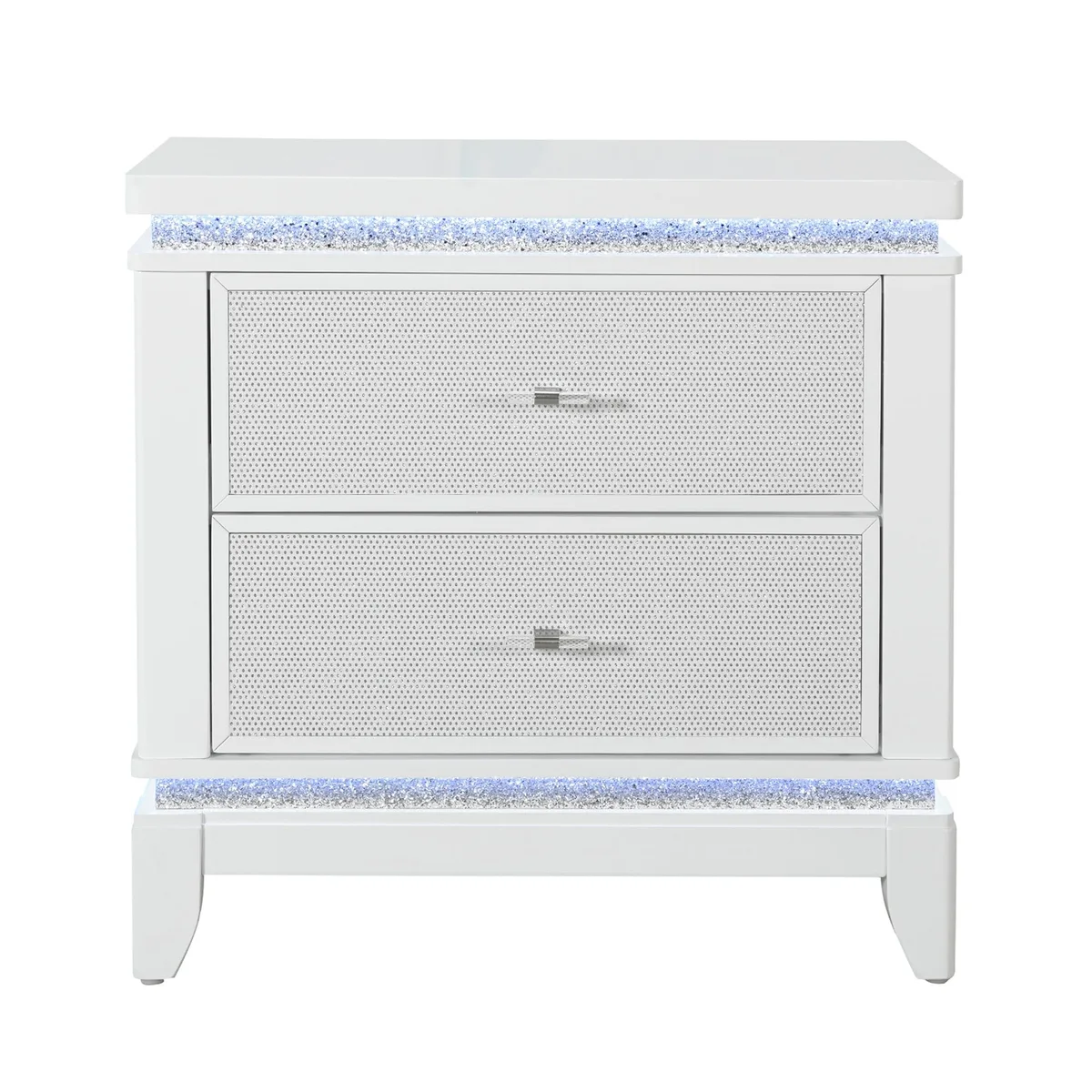 White nightstand with glittered drawer fronts, two drawers, LED lighting, solid and engineered wood construction