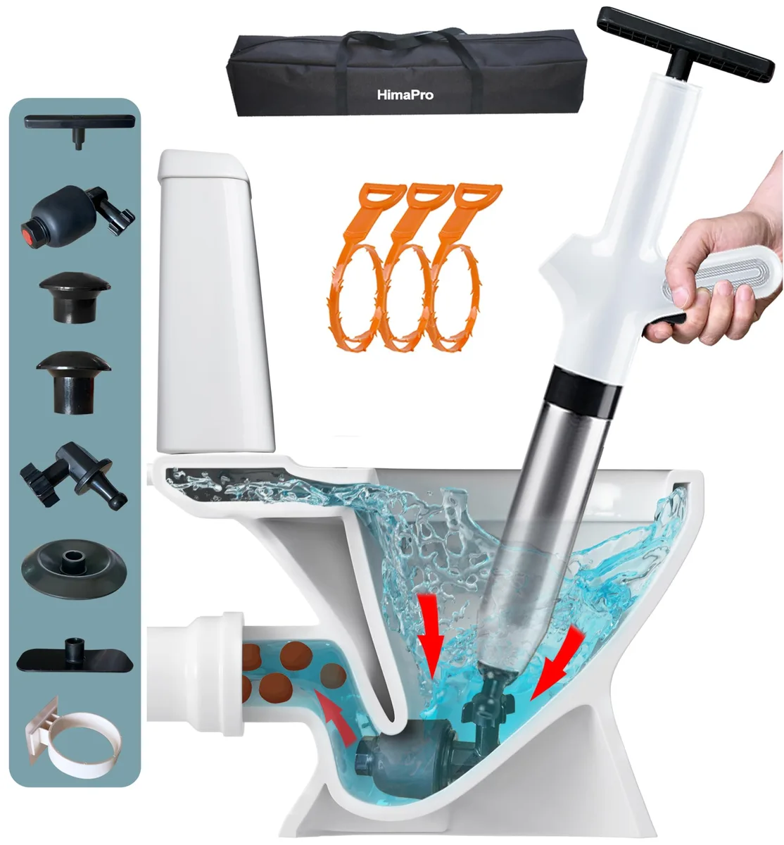 White-handled air drain blaster kit with four plugs and bonus drain snake