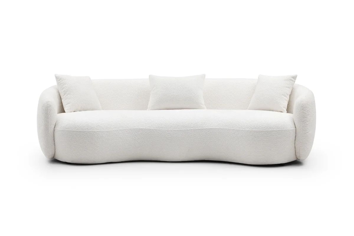 Curved four-seat sofa in off-white boucle fabric