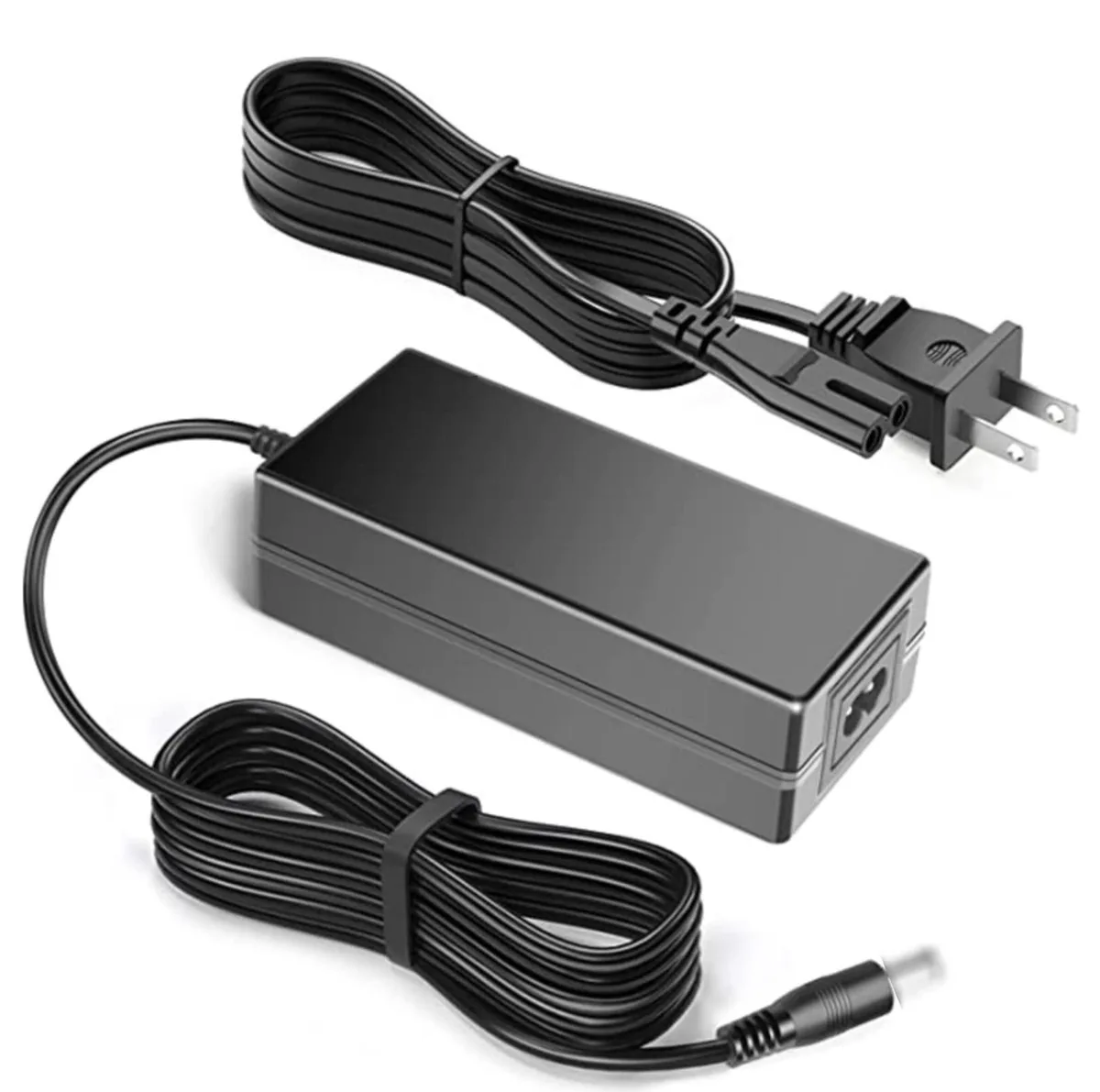 Compact black rectangular power adapter with barrel connector and AC plug prongs