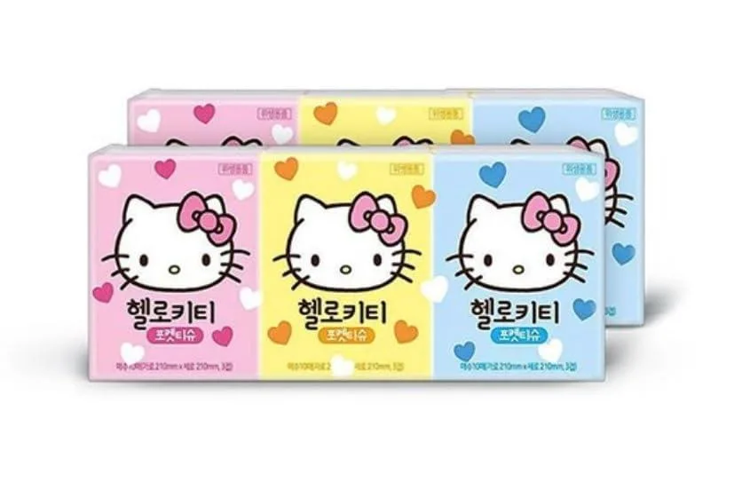 Six multicolour pocket tissue packs with kitty print