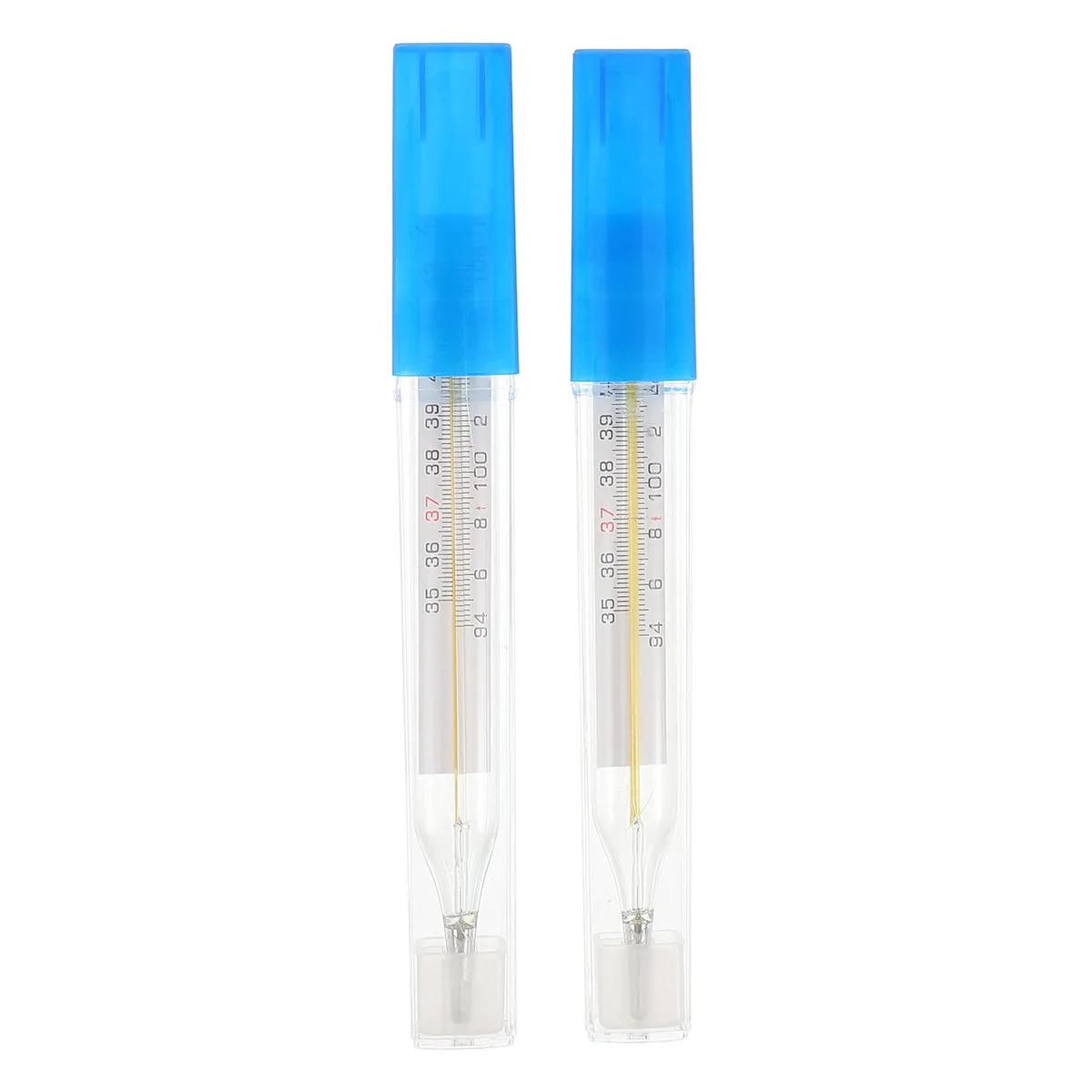 Two blue glass oral thermometers in storage case