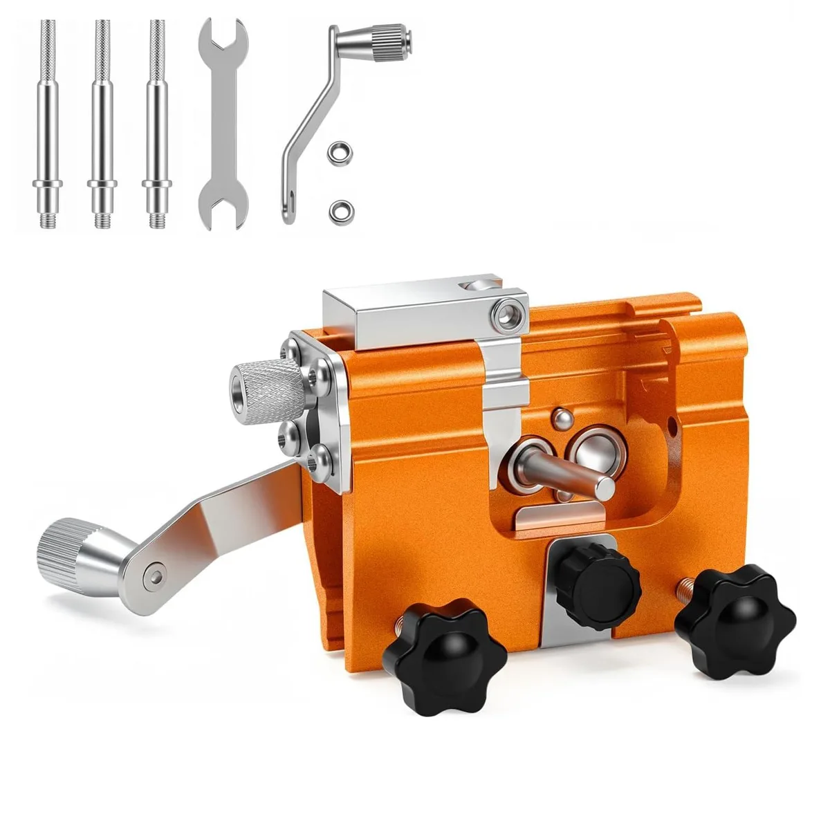 Compact metal hand-crank chain sharpener with clamp, silver finish