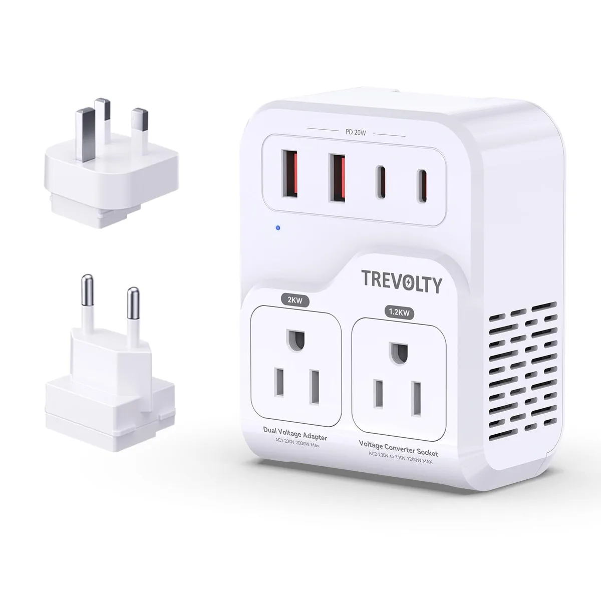 White rectangular travel voltage converter with three AC sockets two USB-A and two USB-C ports and a Type C G plug