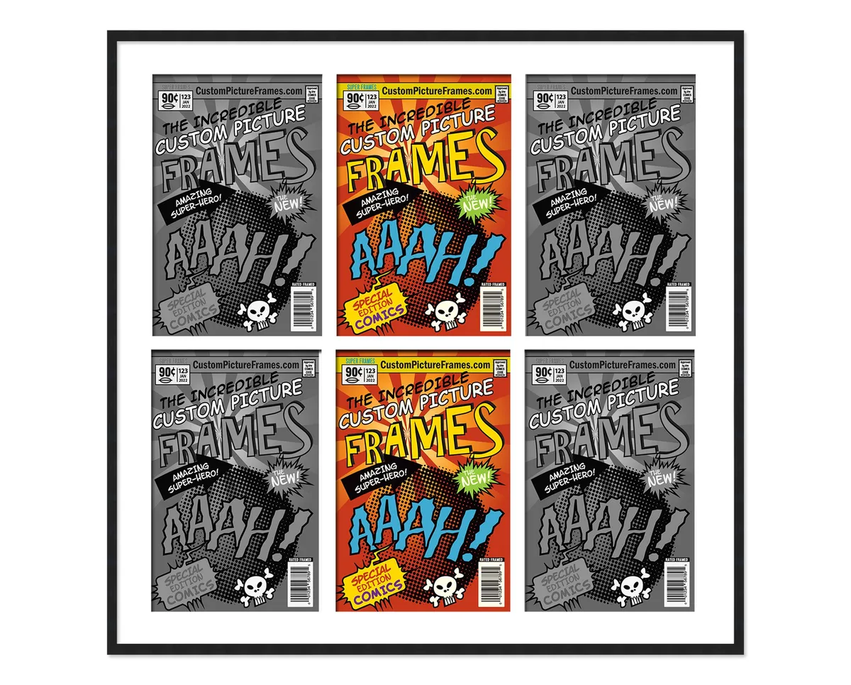Black wood frame 29 by 26 inches with white mat for six Silver Age comics