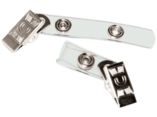 Box of 100 clear vinyl badge straps with metal clips
