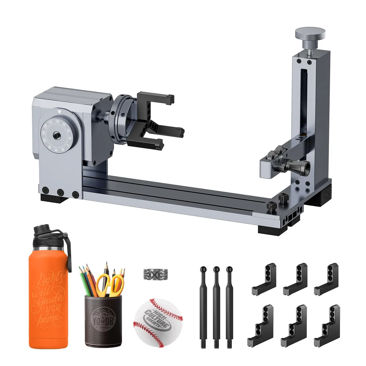 Silver rotary attachment with four interchangeable modules and a riser block