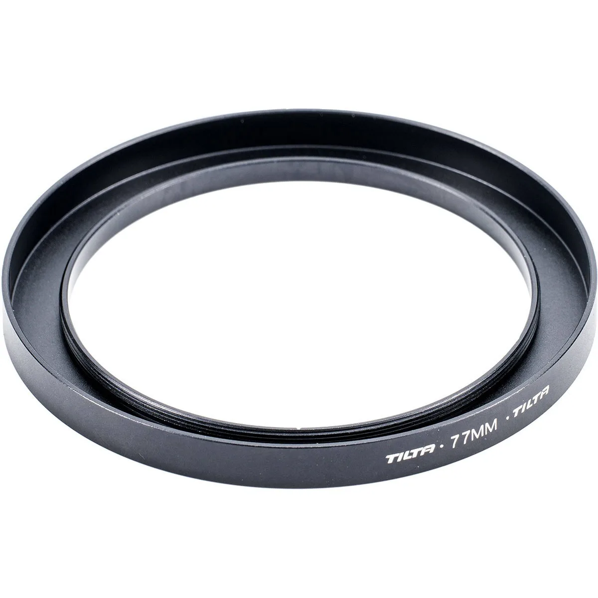 Black aluminium adapter ring, 77mm thread to 95mm matte box mount, no front filter thread