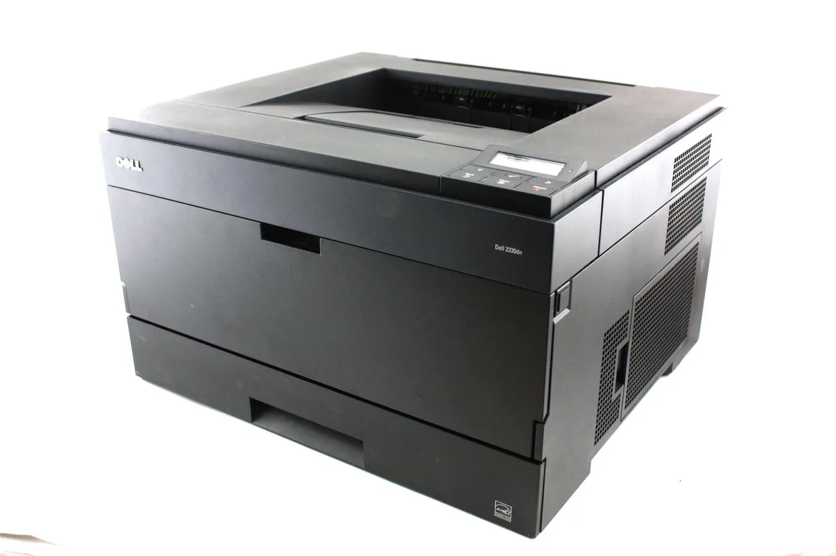 Rectangular white office laser printer with front paper tray and control panel