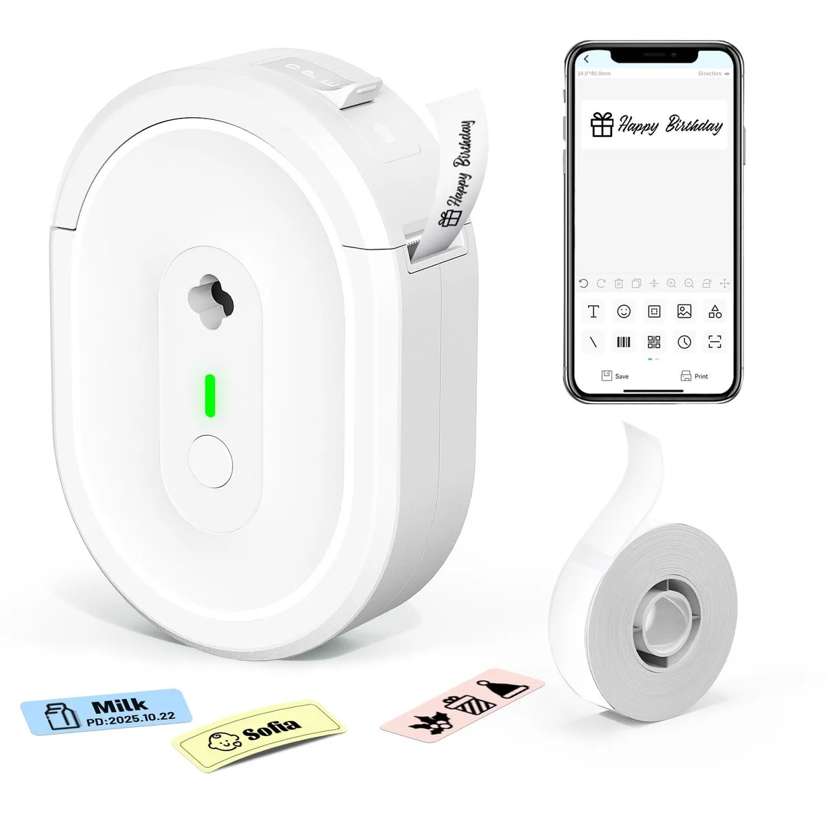 Small white rectangular portable label printer with Bluetooth