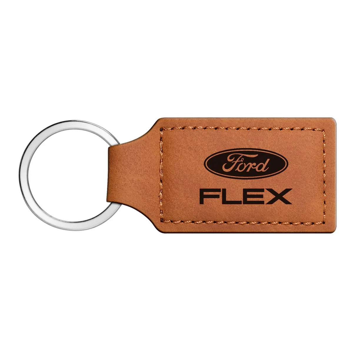 Rectangular brown leather key chain with laser-etched Ford Flex logo