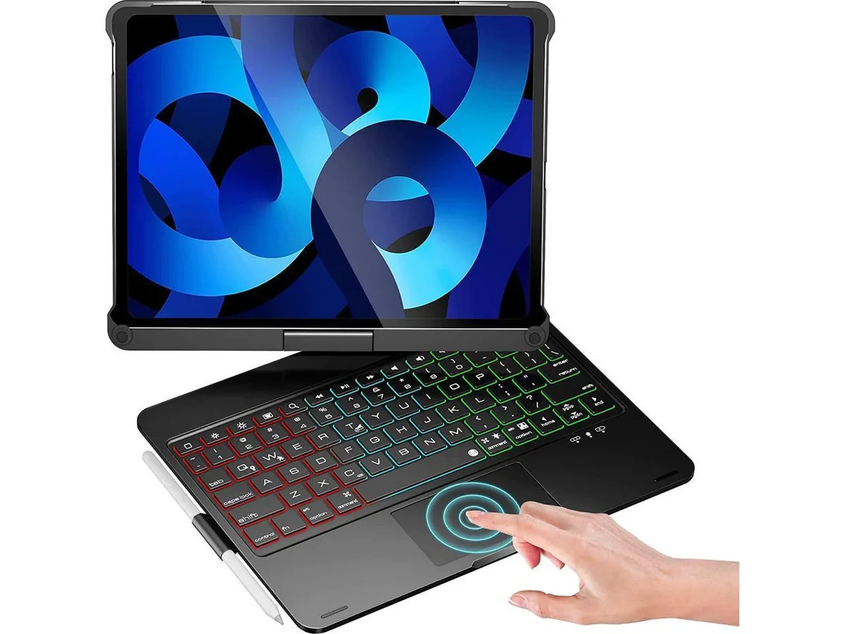 Black keyboard case with integrated touchpad and backlit keys for 11 inch tablet