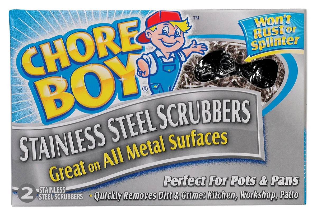 Two stainless steel scrubbers in rectangular packaging