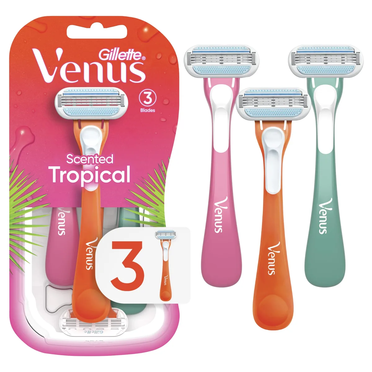 Three multicoloured disposable razors with scented handles and pivoting heads
