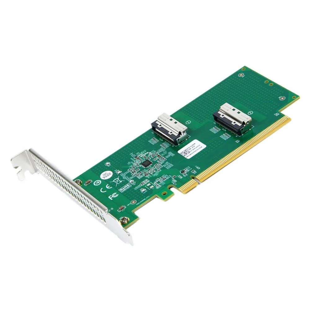 Green PCB adapter with PCIe 16x slot and two MCIO 8i connectors