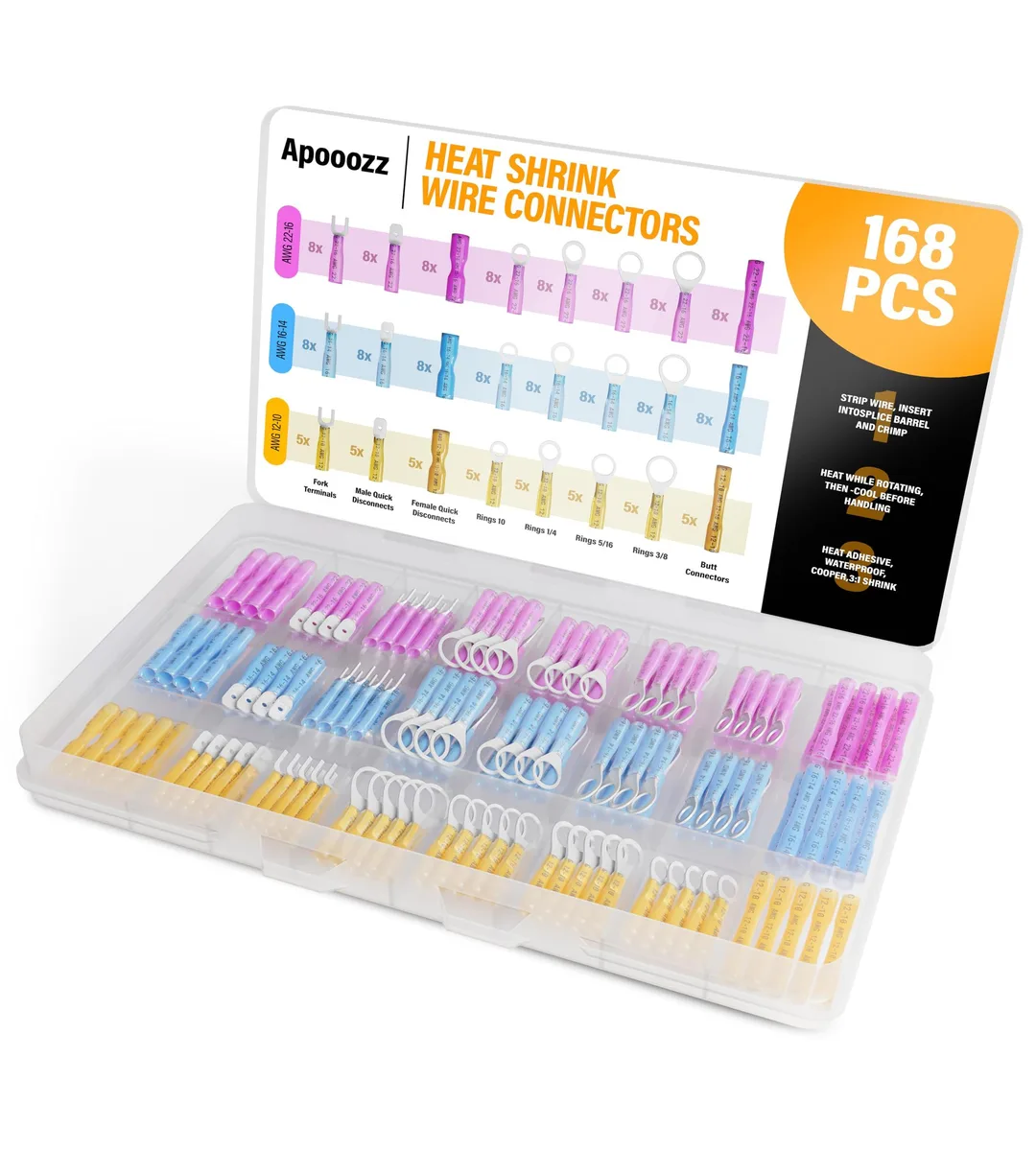 168-piece heat-shrink wire connector kit in black storage case