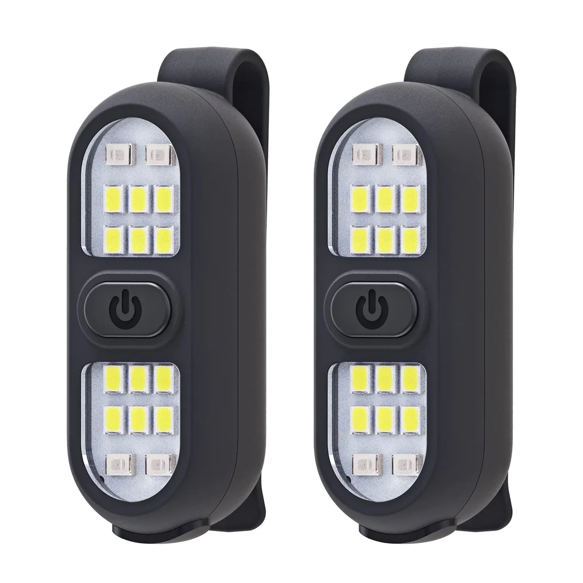 Two small black clip-on flashlights with rectangular ABS bodies and spring clips