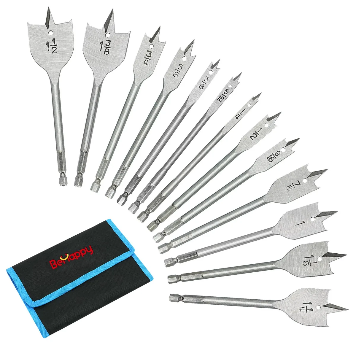 Black spade drill bit set, 13 pieces in nylon pouch