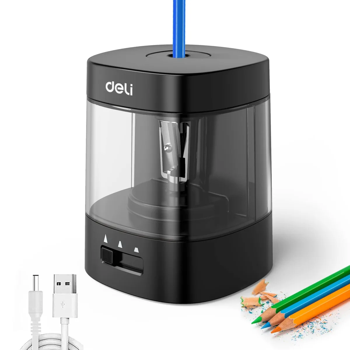 Compact black ABS electric pencil sharpener with USB and battery power options