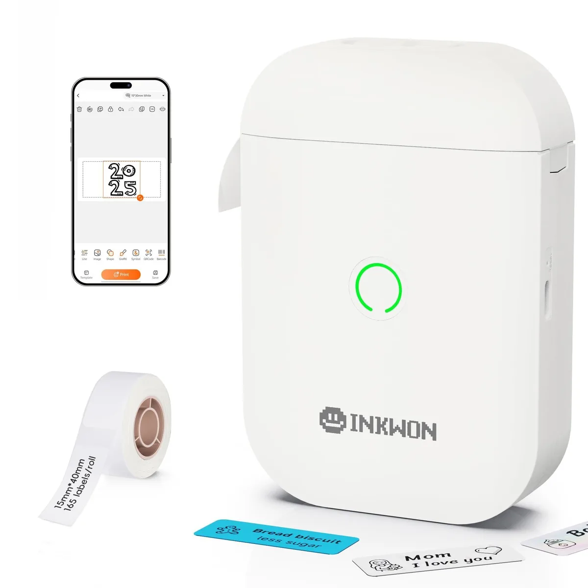 White portable Bluetooth label printer, compact rectangular shape with smooth matte finish