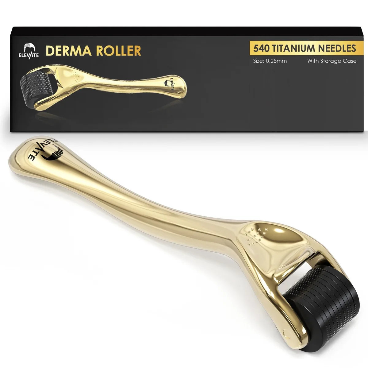 Gold derma roller with 540 titanium microneedles 0.25mm length and storage case