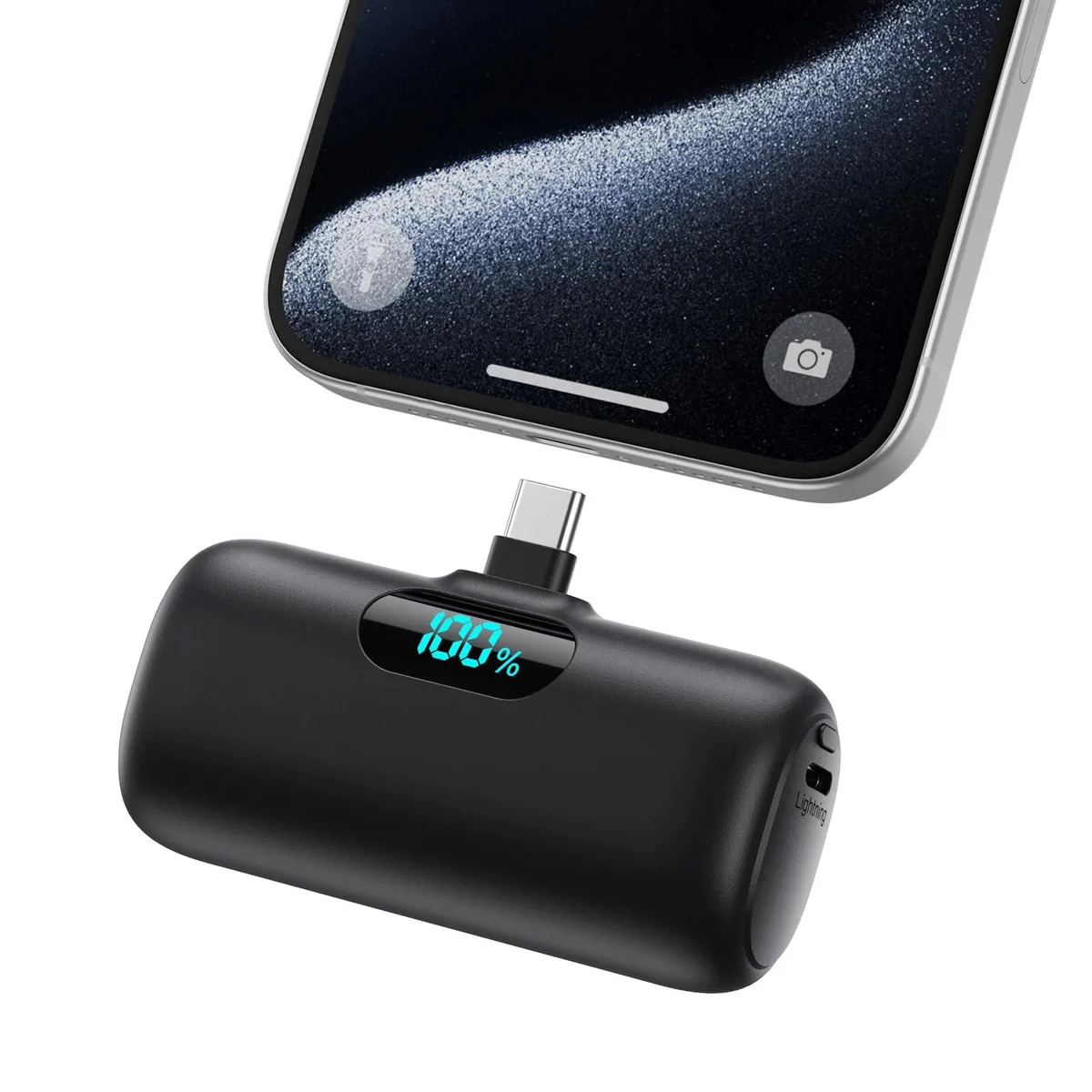Small black rectangular power bank with built-in USB-C plug and LCD display