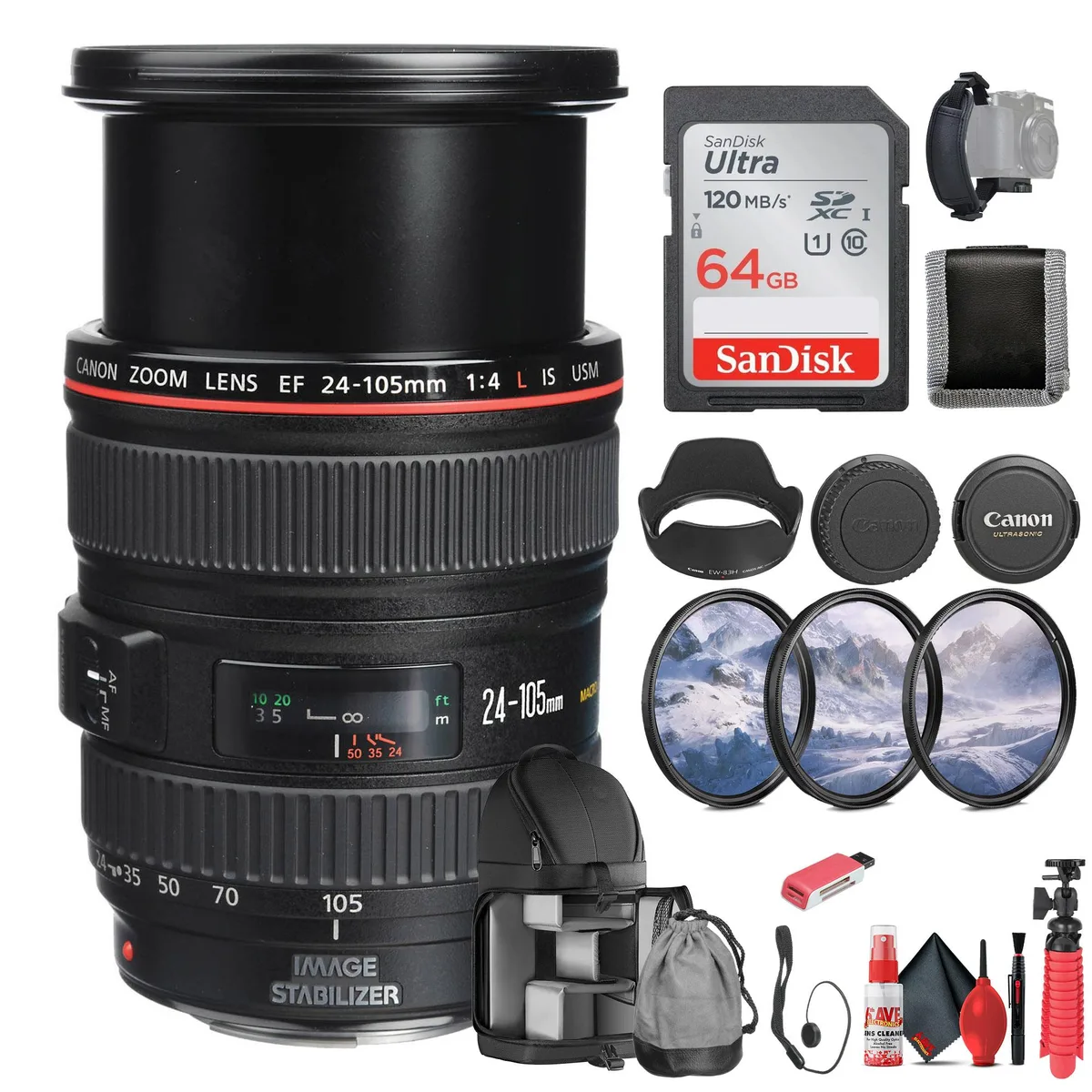 Canon Canon EF 24-105mm f/4L IS USM Lens (0344B002) + 64GB Memory Card + Filter Bundle — product photo
