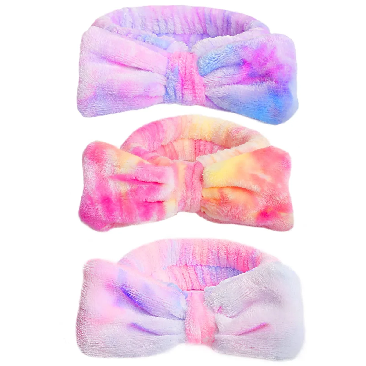 Three soft microfiber headbands in pink purple red tie-dye with removable bows