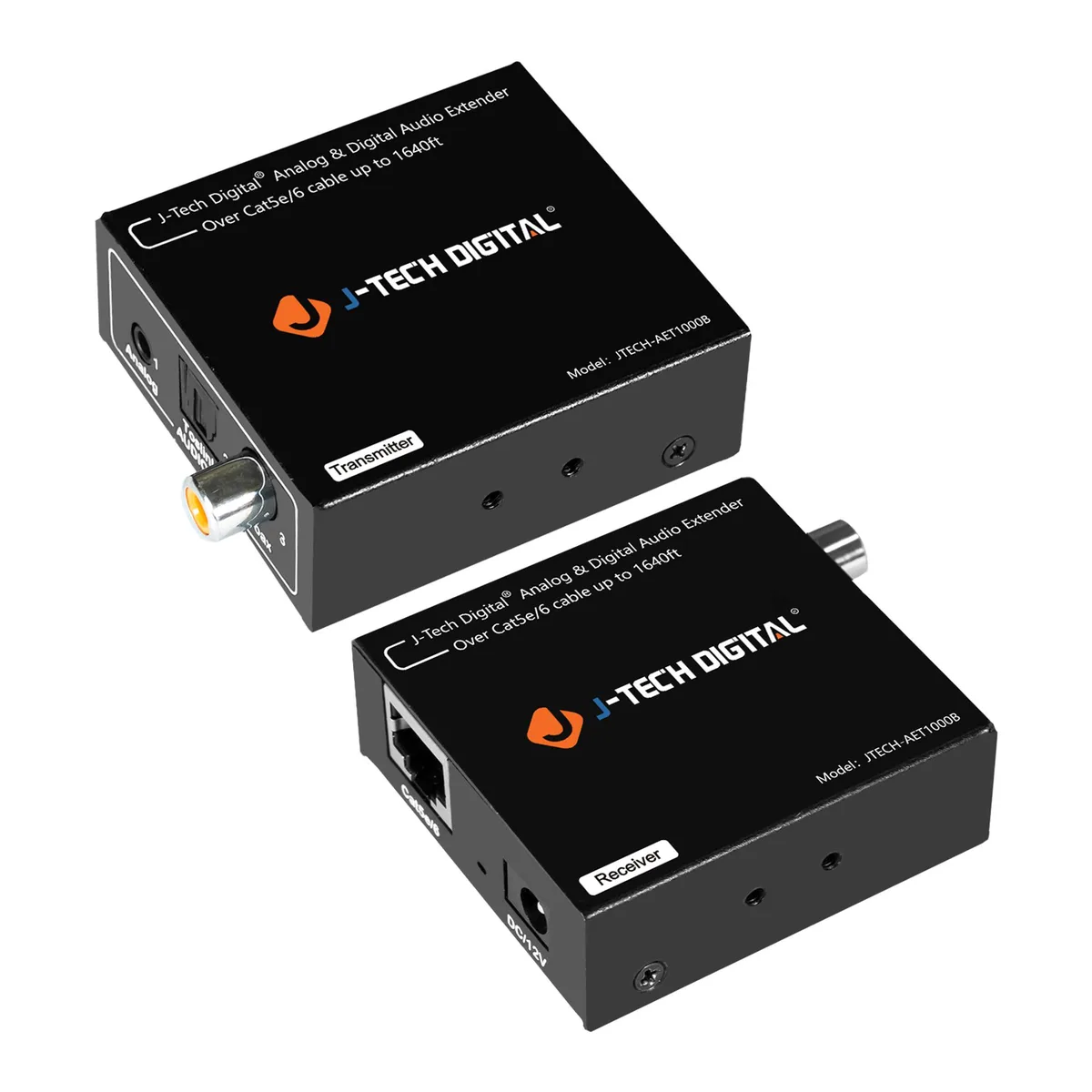 Compact black metal box with coaxial, optical and RCA ports, CAT6 jack and power input