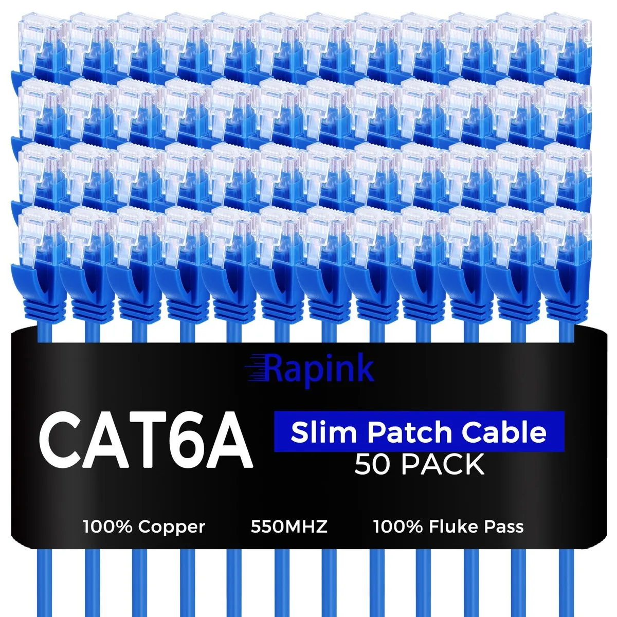 Fifty slim blue Cat6a Ethernet cables with gold RJ45 plugs, each three feet long