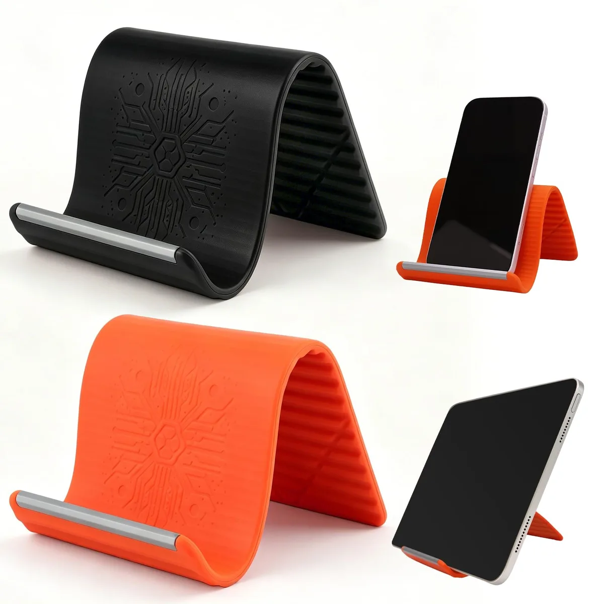Two flexible silicone phone stands in orange and black with aluminum cores, folded flat