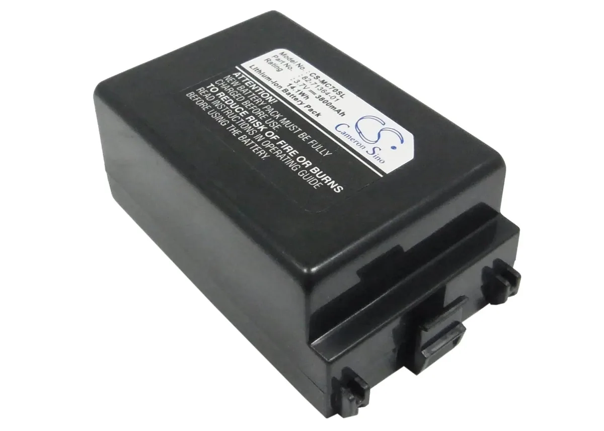 Rectangular replacement battery with dark casing and label text
