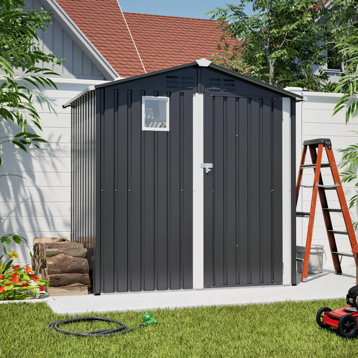 Gray metal garden shed with single door and window