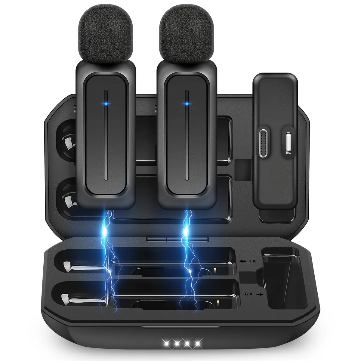 Two black clip-on wireless lavalier mics with Lightning connectors and a charging case