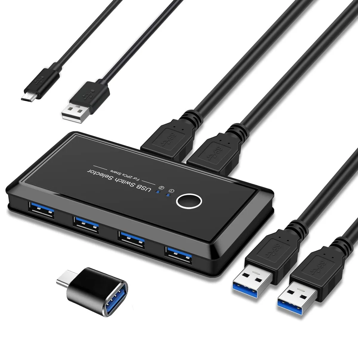Compact black USB 3.0 KVM switch with four front ports and top button