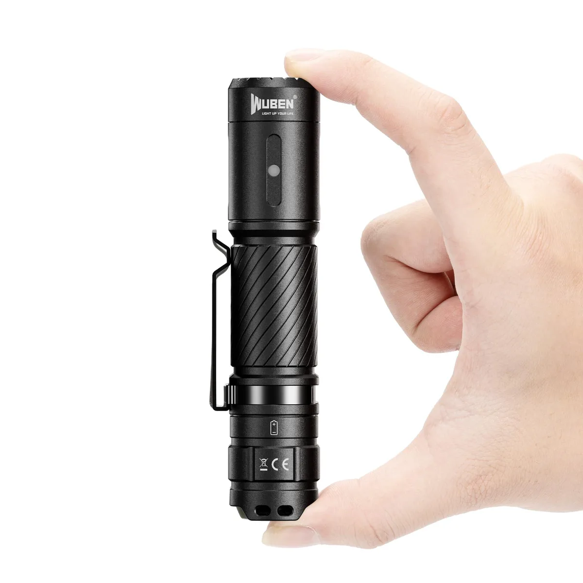 Compact cylindrical aluminium flashlight with Type‑C port and textured grip