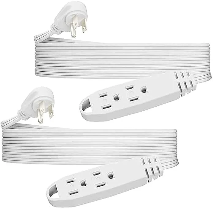 Two white flat extension cords, each 12 feet long with three grounded outlets and a hanging loop