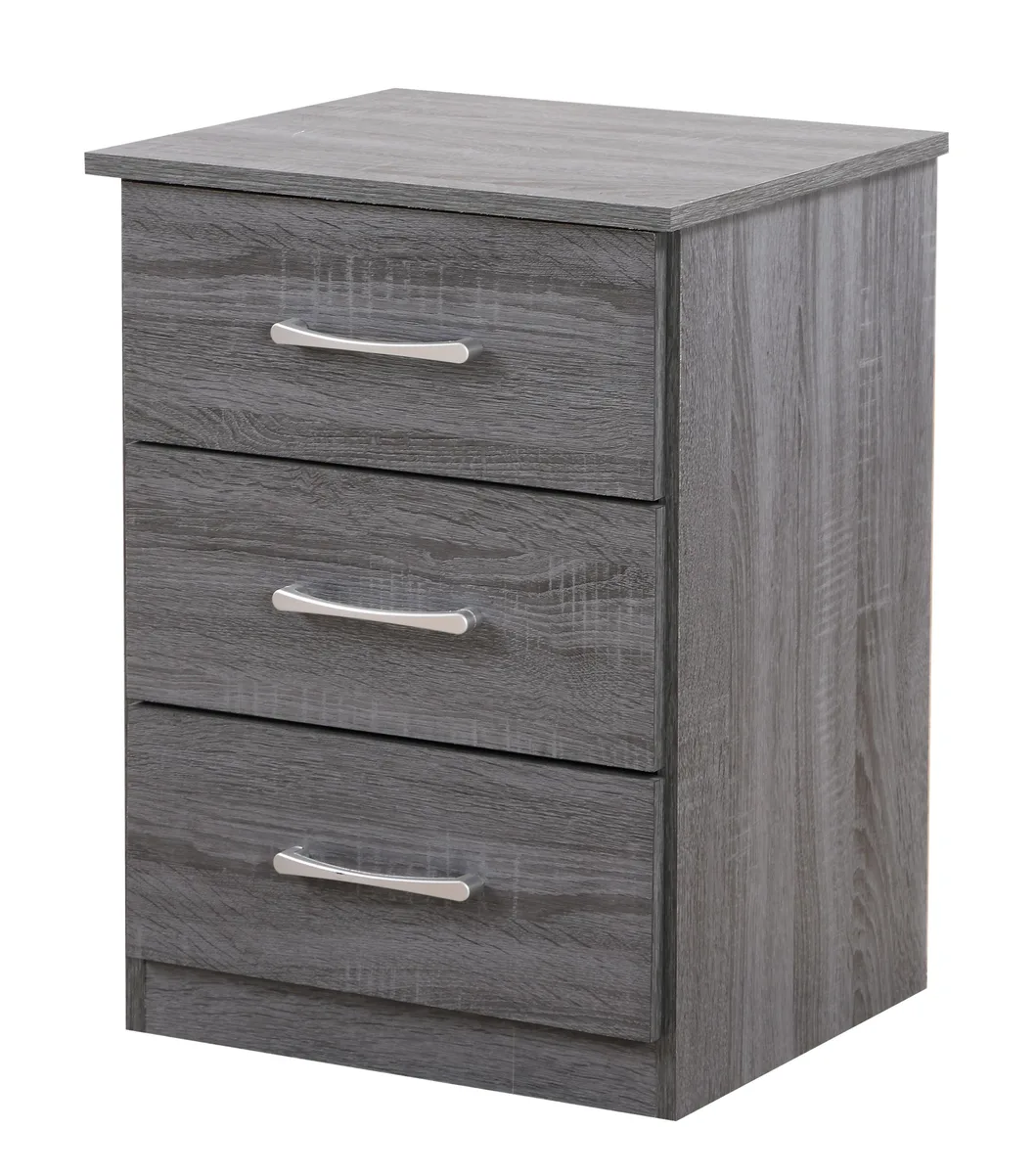 Gray particle-board nightstand with clean lines, 24"H x 18"W x 16"D
