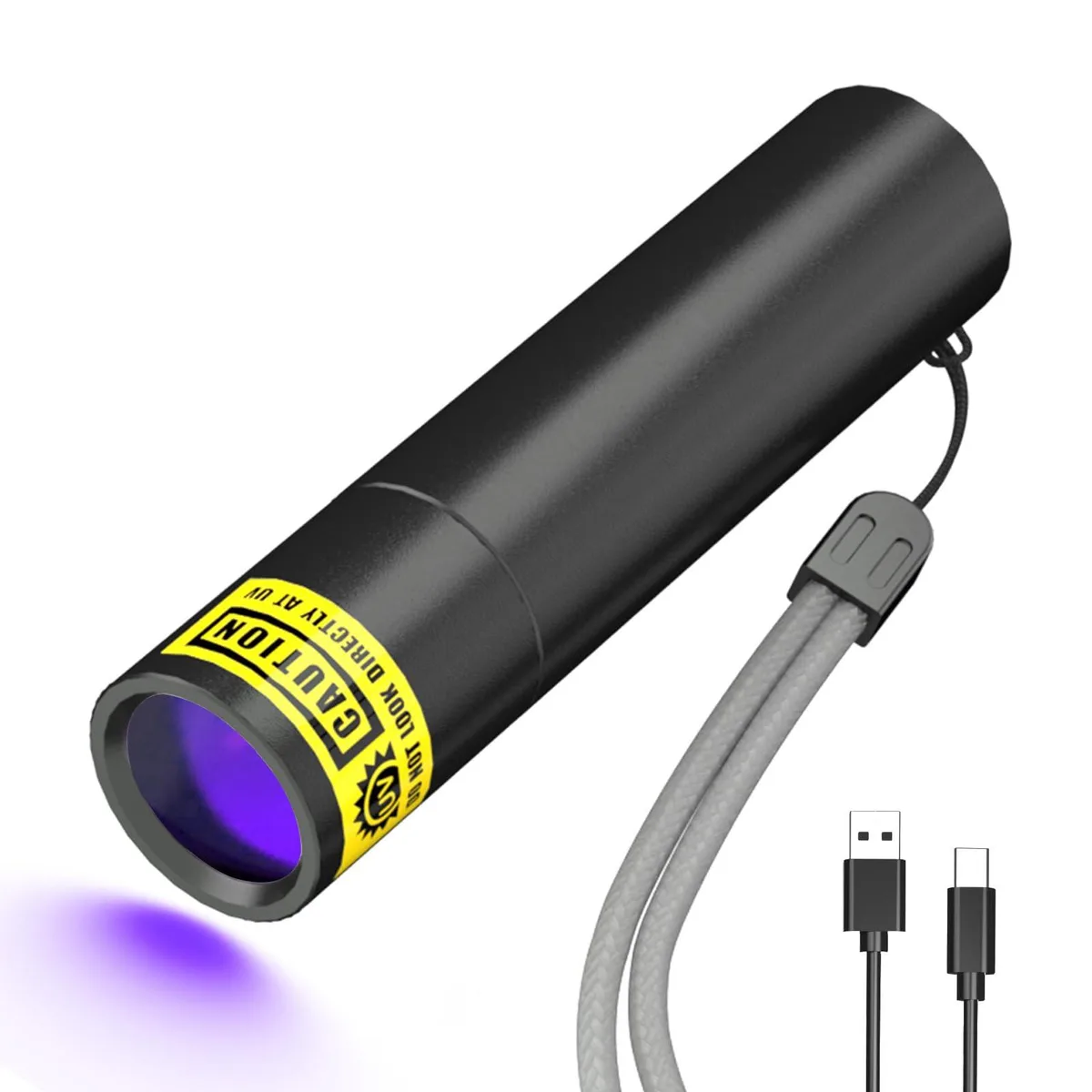 Black cylindrical flashlight, matte finish, USB-C port visible