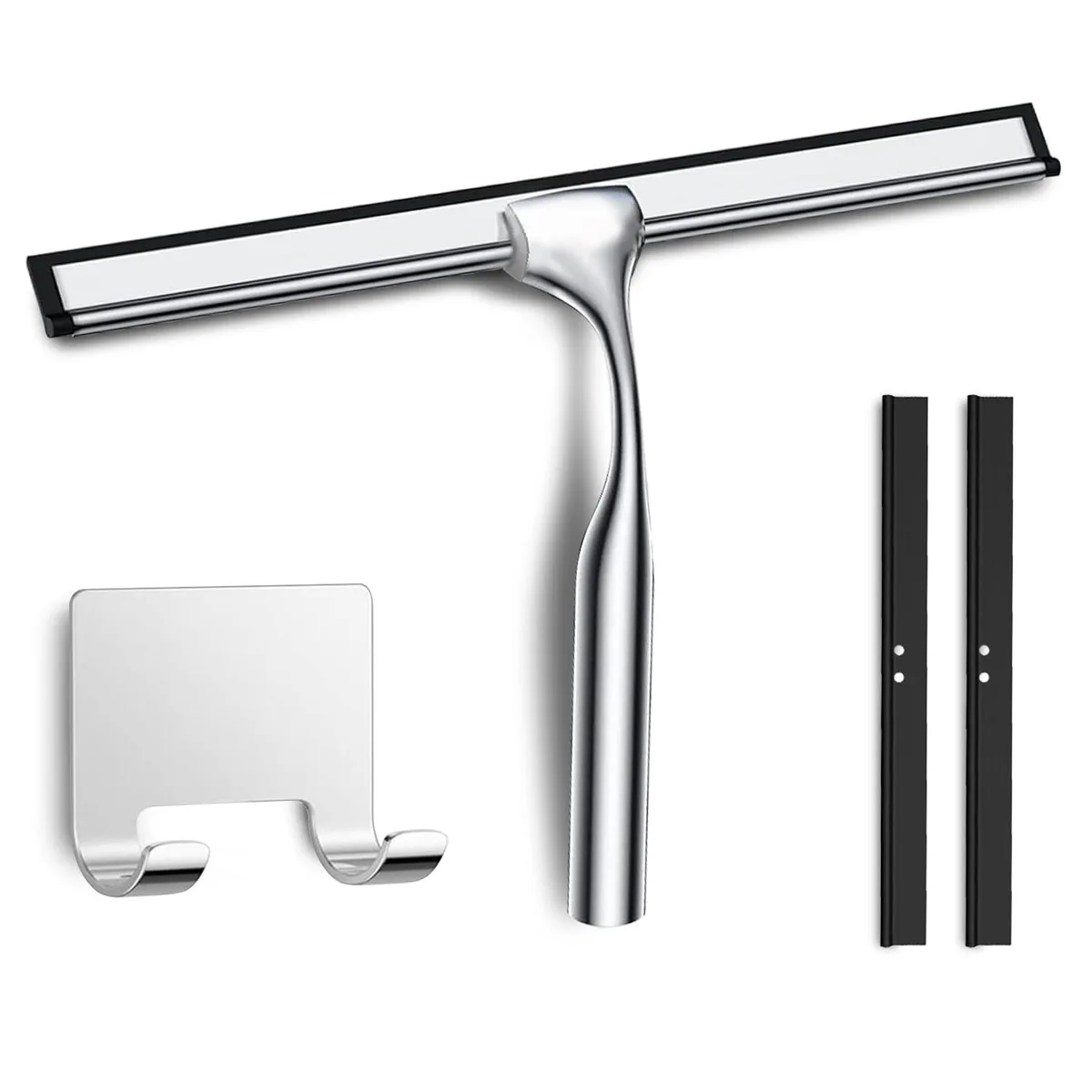 Silver stainless steel squeegee with soft silicone blade and adhesive hook