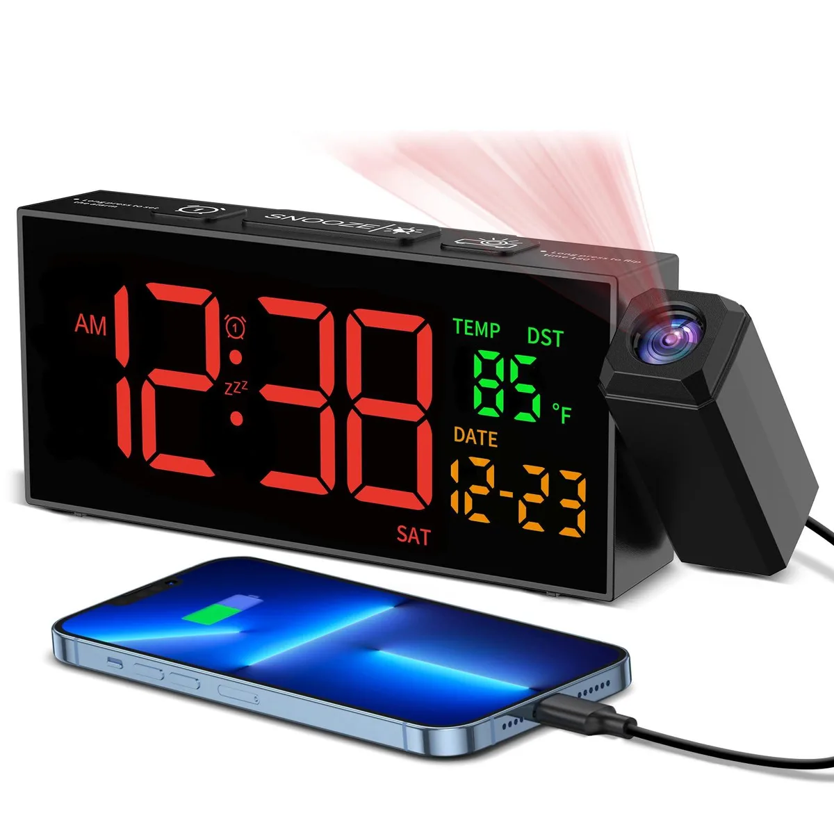 Rectangular black and red digital clock with rotating projector arm