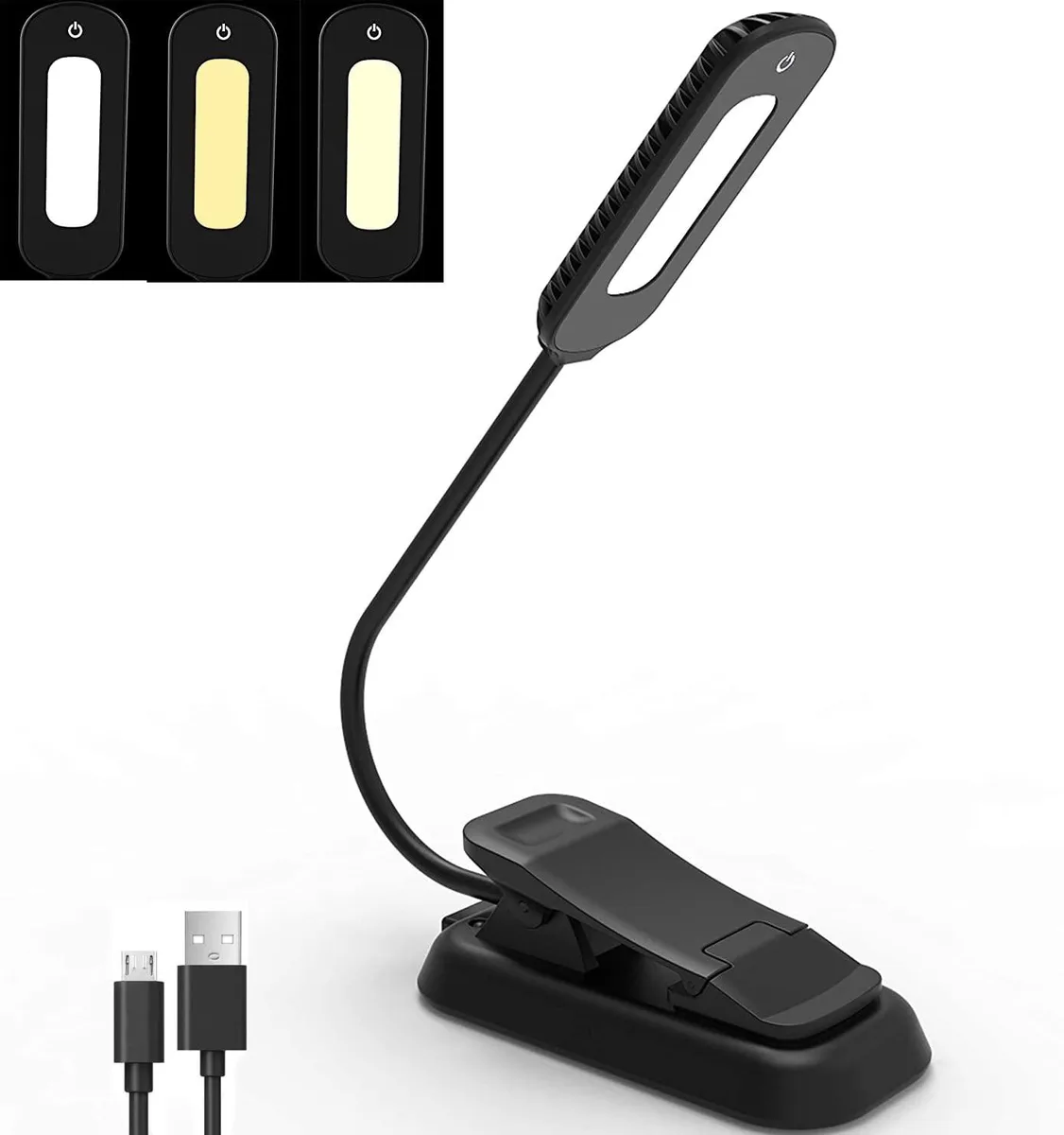 Compact USB-rechargeable book light with 12 LEDs, flexible gooseneck arm and non-slip clip, matte finish