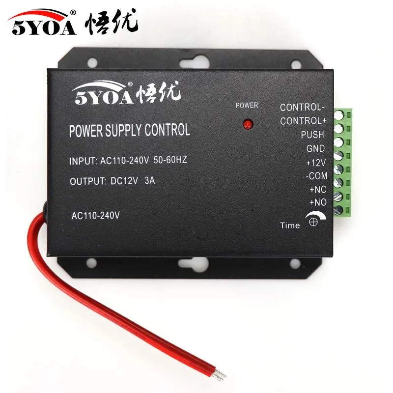 Black rectangular power supply unit with metal casing and terminal connections