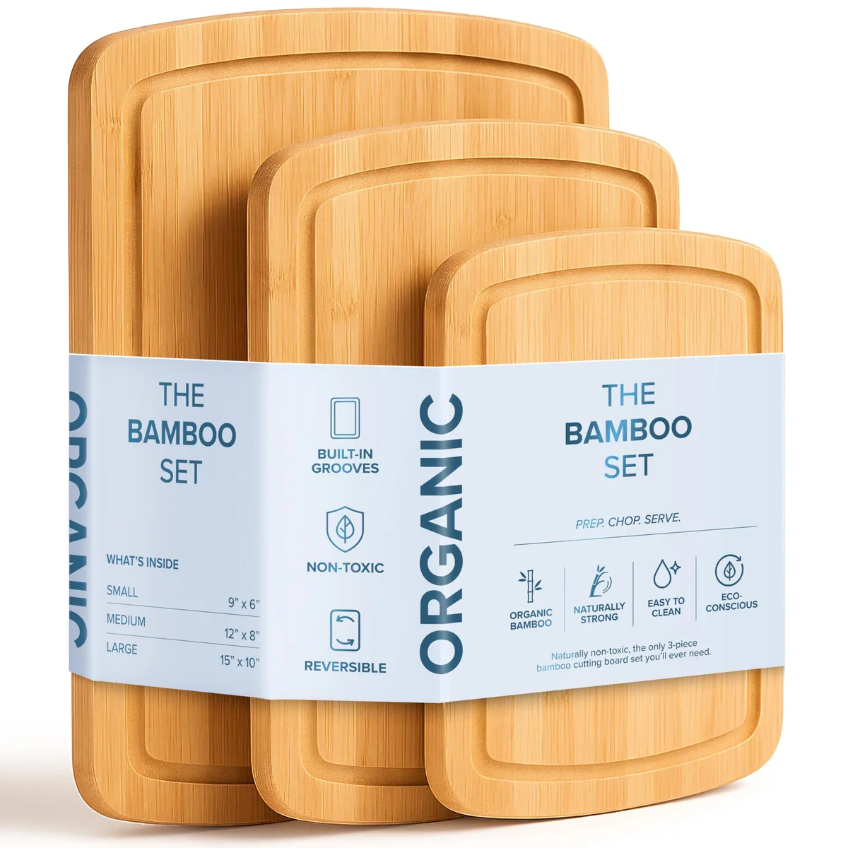 Three rectangular bamboo cutting boards in graduated sizes with stick-on silicone corner grips