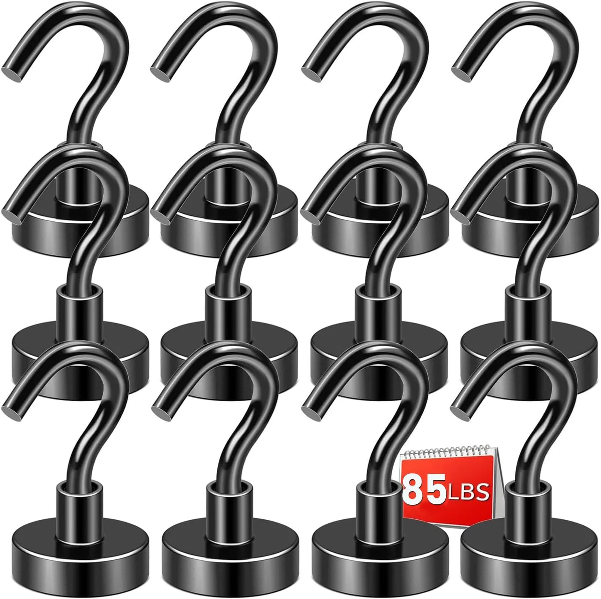 Twelve black magnetic hooks in a compact pack