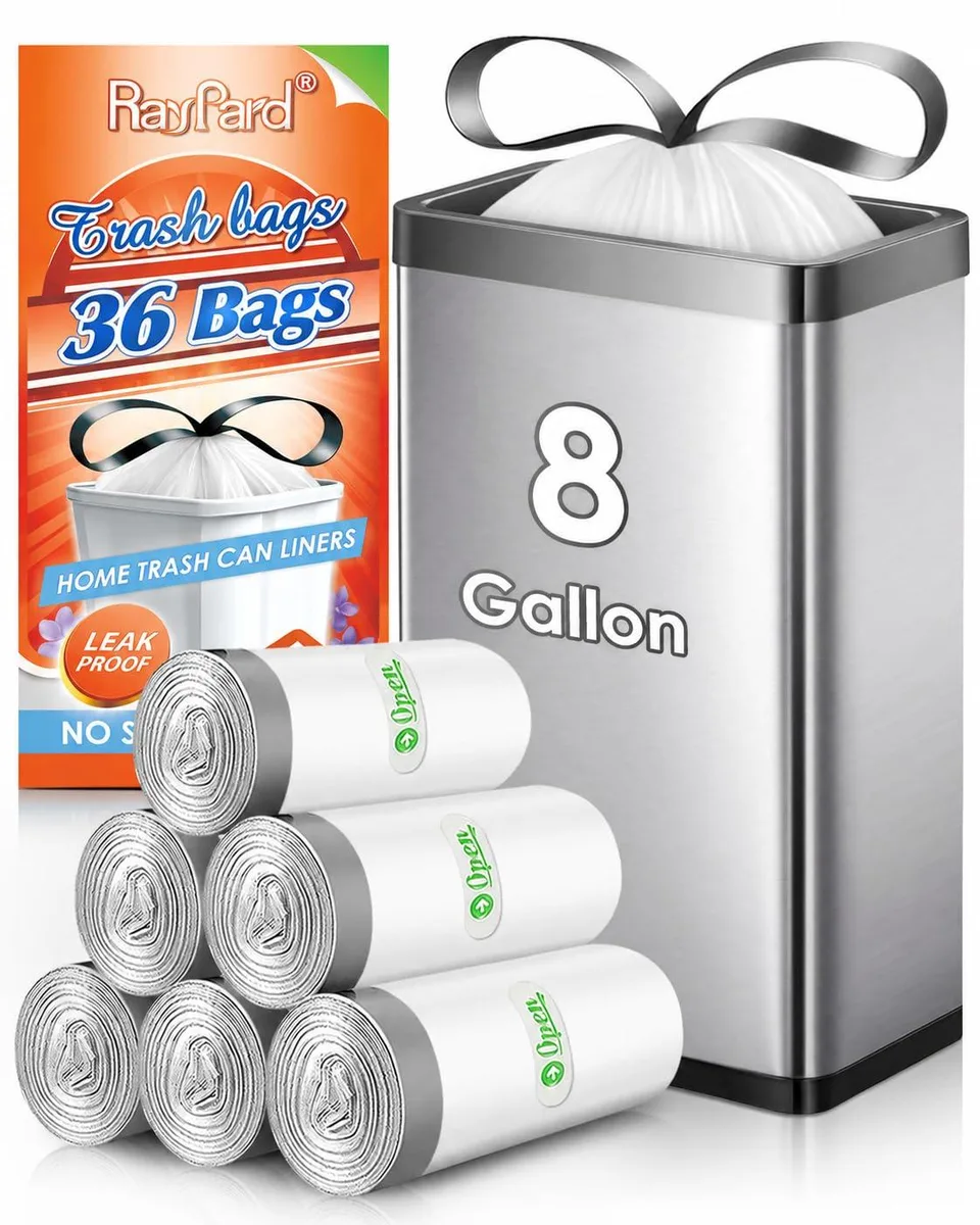 Pack of white drawstring trash bags, 36 count, 8 gallon capacity