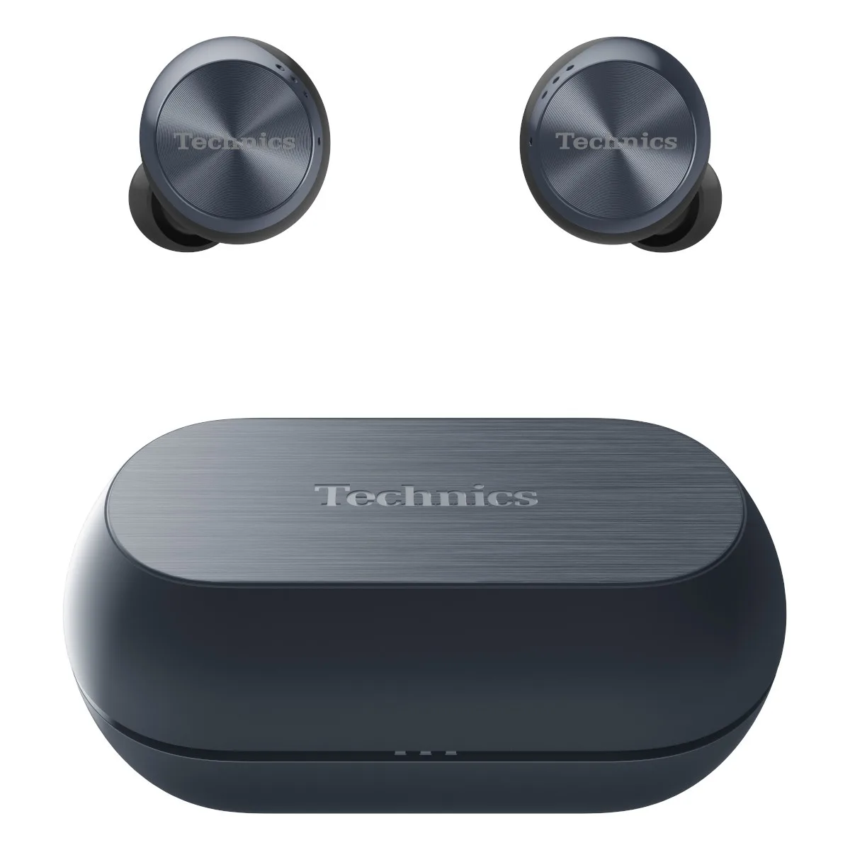 Pair of black true wireless earbuds in matte finish with compact charging case