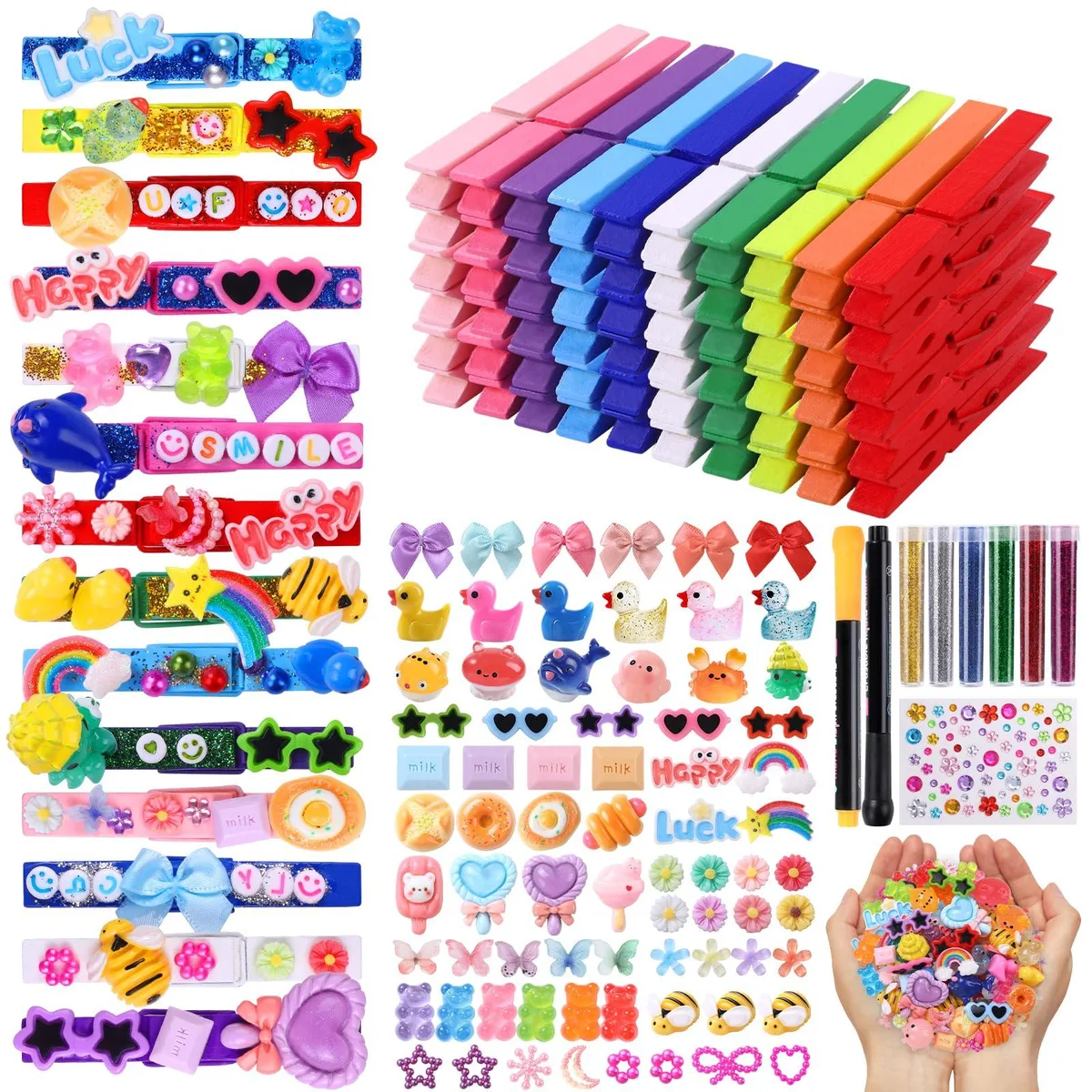 Wooden cheer pins kit, 80 multicolour clips with bows, resin charms, glitter and letters